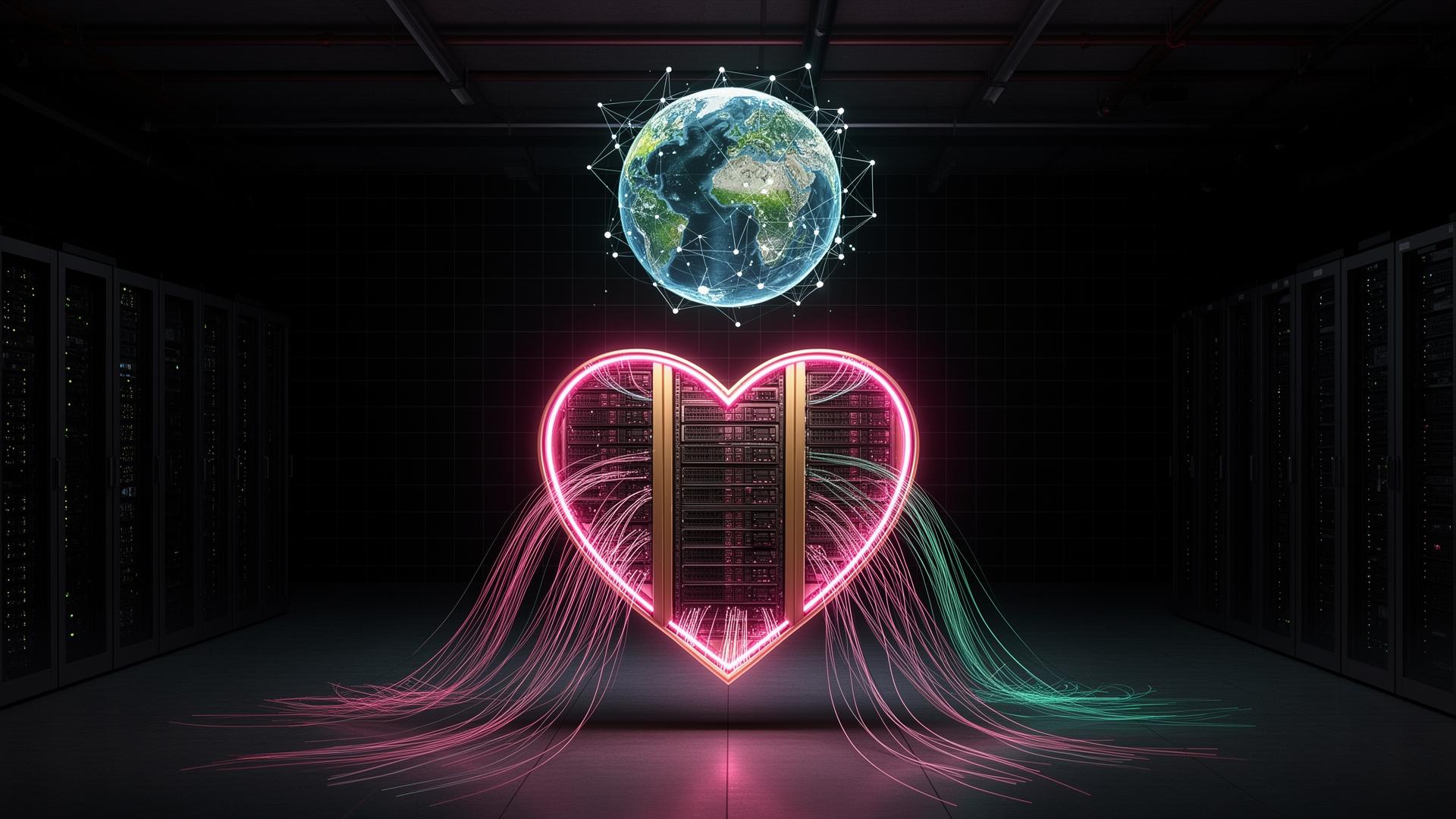 LOVE Hosting — heart-shaped server rack with global node mesh
